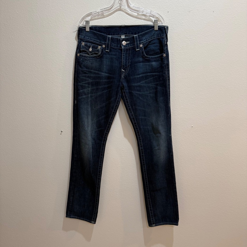 True Religion Mens Section Slim Dark Wash Horseshoe Flap Pocket Jeans Size 31